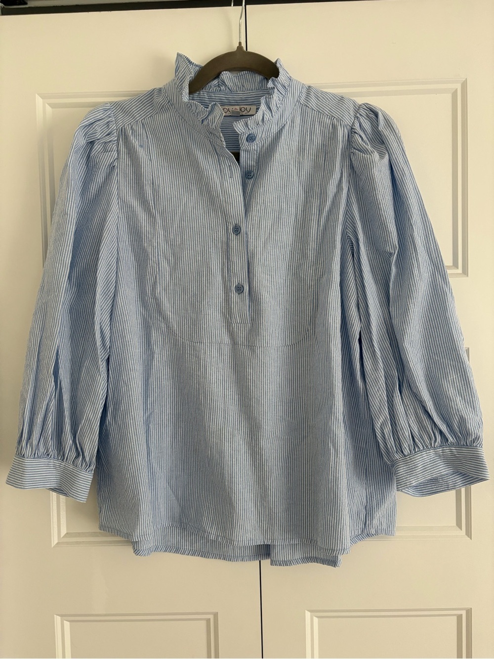 Joy Joy Light Blue Pinstripe Ruffle Collar Blouse